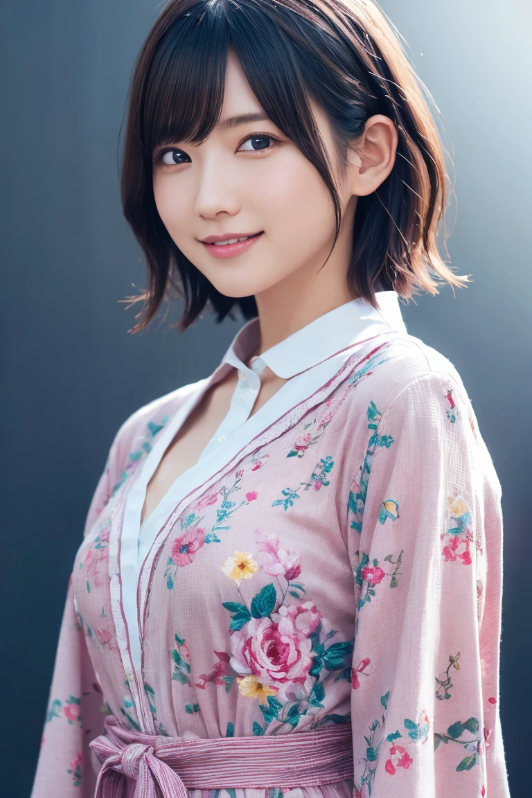 1 girl, (Wearing colorful stage costumes:1.2), Very beautiful Japanese idol portraits, Face close-up, (RAW Photos, Highest quality), (Realistic, Realistic:1.4), (masterpiece), Very delicate and beautiful, Very detailed, 2k wallpaper, wonderful, finely, Very detailed CG Unity 8K wallpaper, Very detailed, High resolution, Soft Light, Beautiful detailed girl, Very detailed目と顔, Beautiful and sophisticated nose, Beautiful and beautiful eyes, Cinema Lighting, (Simple light color background:1.3), (short hair), (Bob), Complete Anatomy, Slender body, Small breasts, smile