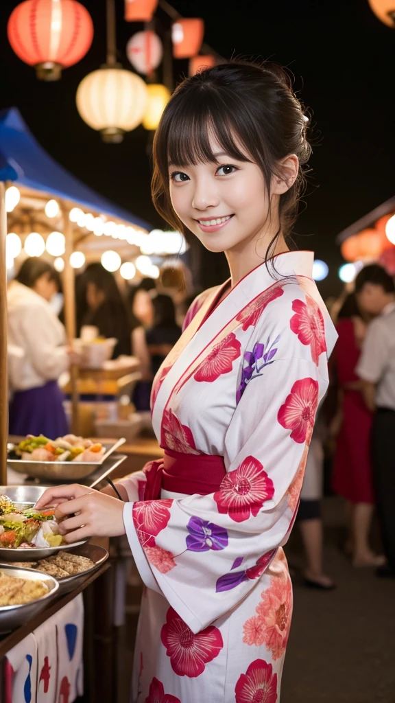 Having hair upstyled、Very Beautiful Japan Woman。She was wearing a long-sleeved light red yukata.、She has striking bluish-black eyes and a bright smile.、Has an elegant posture。The background is a summer festival venue at night with many food stalls set up.。The image style is realistic.、It adds a touch of glamour.。