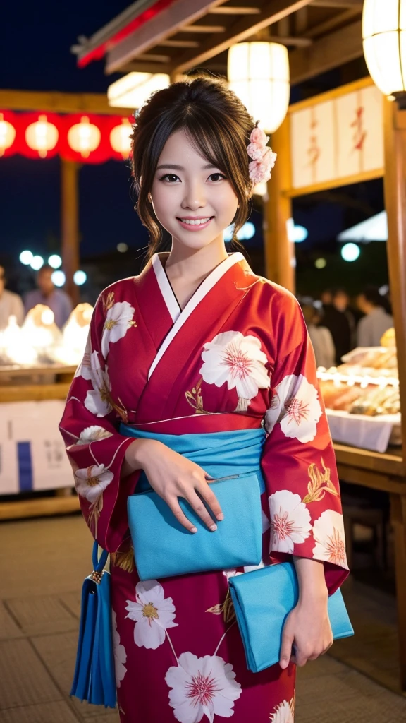Having hair upstyled、Very Beautiful Japan Woman。She was wearing a long-sleeved light red yukata.、She has striking bluish-black eyes and a bright smile.、Has an elegant posture。The background is a summer festival venue at night with many food stalls set up.。The image style is realistic.、It adds a touch of glamour.。