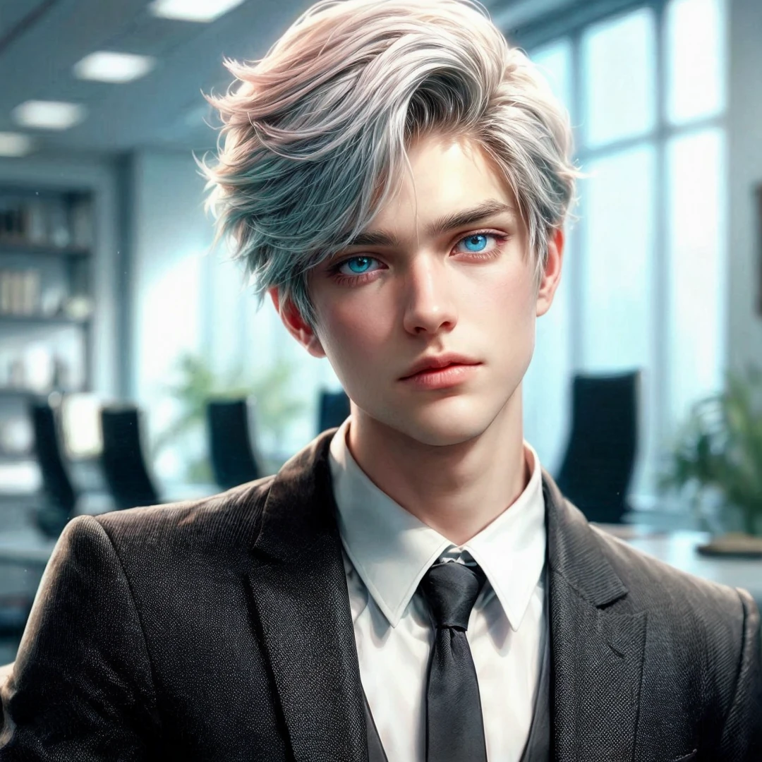 Handsome boy, blue eyes, white hair highlighted with pink and turquoise, expressionless, wearing black formal suit, CEO office background