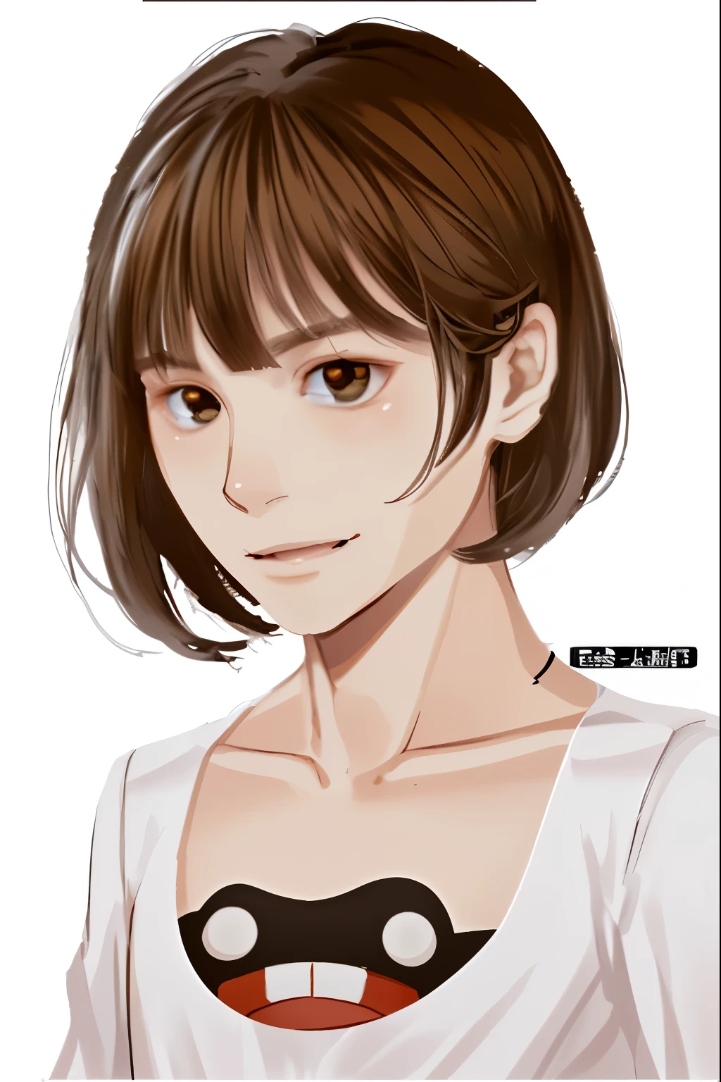 femboy, otoko no ko, illustration, slender, flat chest, white skin, black eyes, medium hair, brown hair, white shirt, hight quality, masterpiece, smile, solo, cute, kawaii, standing, white background