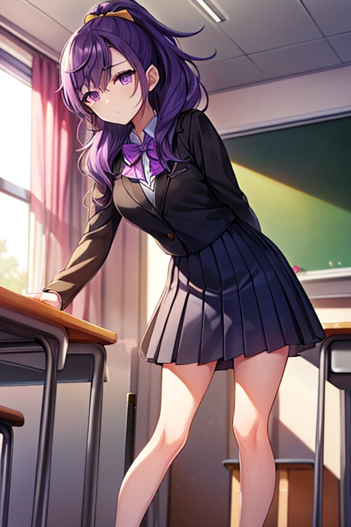 （Standing，Put your hands behind your back）masterpiece，high quality，1 girl，(purple eyes,purple hair)，Medium chest，High Ponytail，Fine hair，Detailed face，student，（school uniform）,Dark blue bow tie，Long skirt，Black clothes，Bare Legs，Black leather shoes，in the classroom，Good behavior，beauty，Anime style,(Dim light)