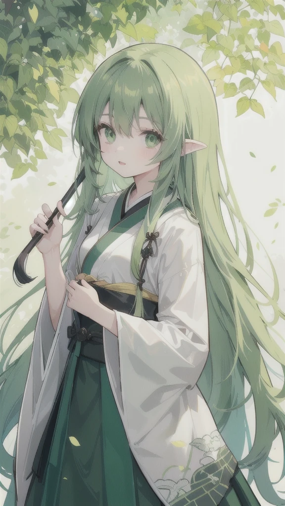 a girl with long dark green hair, jade green eyes, wearing a dark green and black hanfu, turtle