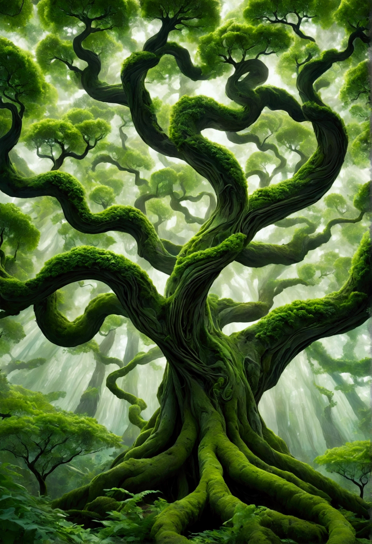 A large tree with green swirling foliage, creating an abstract pattern that seems to dance in the air above its trunk and branches. The swirling patterns create visual depth as they move like graceful swirling lines across the textured background. This surreal scene is reminiscent of fractal art or mandala designs, but it's set against the natural backdrop of lush leaves on a tall old growth tree. It gives off a sense of tranquility and harmony between nature and digital design in the style of fractal art