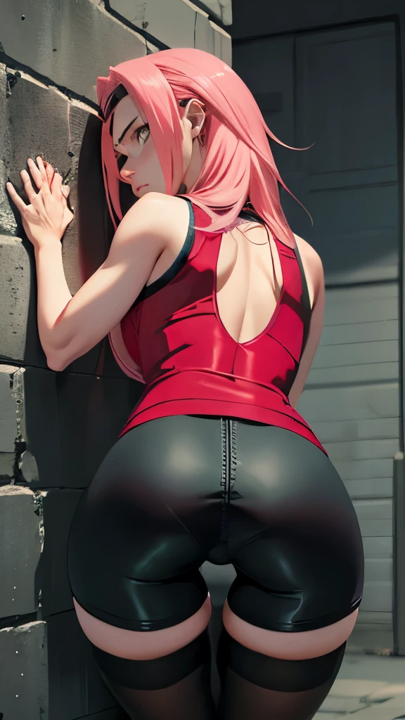 chedevr, Best quality at best, 1 girl, Sakura Haruno, big ,red clothes,Grew, to be sexy,Very angry,with pink hair, long pink hair, (green eyes:1.4), Forehead Protection,ideal figure,Behind,Портрет в полный рост Behind,in the cell,standing on his feet, сильно bent over вперед, face pressed against the wall ,legs straight, leans his hands on the wall, the back is arched back, tight black glossy bicycle shorts, lower body close up , butt raised up, bent over