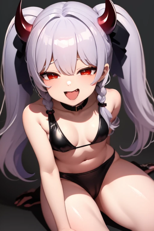 pretty girl、Young face、long silver Hair、long Twin tails、Pink eyeischievous face、Spoiled brat、Immature body、Small breasts、smile、Sweat、(Thick thighs:1.5)、very little demon horns and tail、red eyes、On all fours、Backwards、looking at viewer、sweat、pink tattoo on her abdomen、ハート型の眼、Open mouth、double teeth、fang、swim wear、Black Bikini
