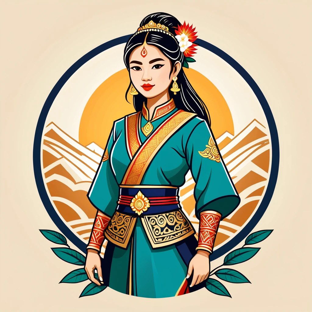 female	pathfinder	in thai folk outfit	,vector graphics, strong contours, logo design																						