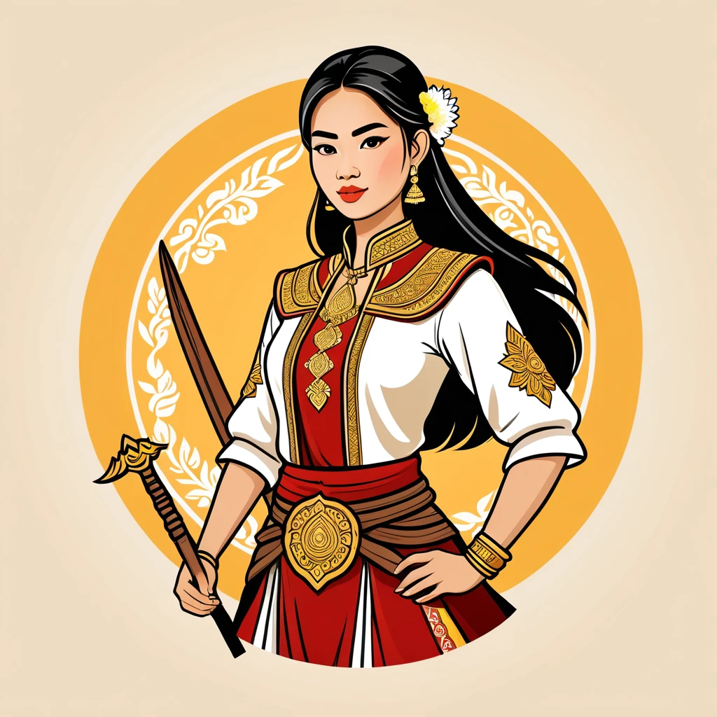 female pathfinder in thai folk outfit ,vector graphics, strong contours, logo design