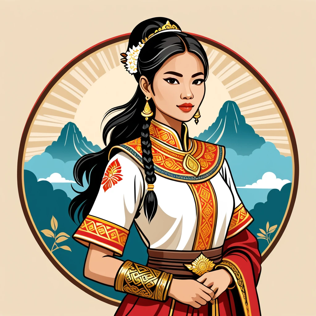 female	pathfinder	in thai folk outfit	,vector graphics, strong contours, logo design																						