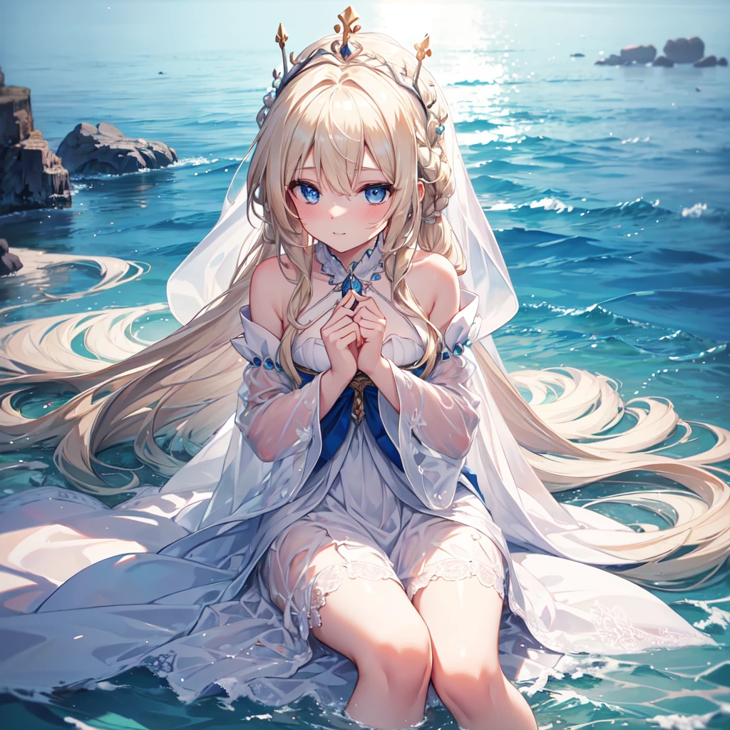 (masterpiece,Highest quality, Very detailed, beautiful, Exquisite, 16K, Full HD),A girl emerged from the sea, The Swan Princess of Russian Mythology, beautiful穏やかな顔, blue eyes, Long blonde hair braided, The sun is woven into the hair at the back of her head, Old Russian shiny white clothes, On her head is a kokoshnik crown, Affectionate look, Half-laugh, There was a gentle look on his face, Background seascape and sunlight, full length, Photorealism
