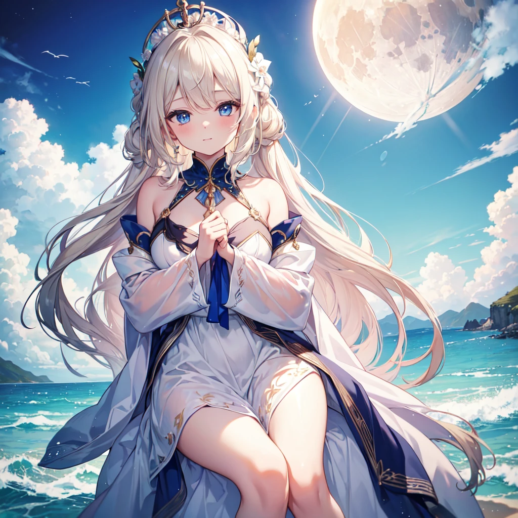 ,((best quality))),8k,((masterpiece)),(extremely delicate and beautiful), There was a girl coming out of the sea, mythical swan princess, beautiful calm face, blue eyes, Long blonde hair braided, Moon braid on back of head, shiny white old clothes,Wearing the Kokosnik crown, affectionate eyes, half smile, A gentle expression on his face, Seascape and sunlight in the background, Seagulls in the sky, full length, realism