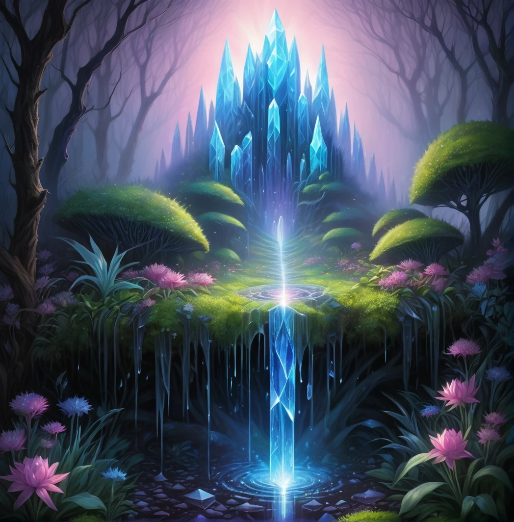 An ash forest frozen at dawn breeds crystal creatures forbidden by Christ and the death of the rain fills the garden with soft electrical blessings the dark powers of the earth and the night climb up the spine