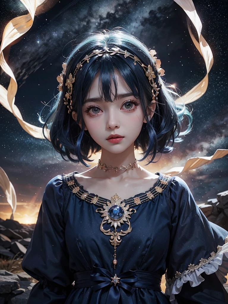 Ultra HD、A beautiful blue-haired character、Upper Body、幼児のようなBig eyes、Big eyes、Round eyes、prayer、Red burning cheeks、Night scene with starry sky background、Wearing a gorgeous dress、Subtle details、A fantastic atmosphere、Anime style