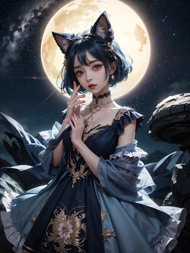 Ultra HD、A beautiful blue-haired character、Upper Body、幼児のようなBig eyes、Big eyes、Round eyes、prayer、Red burning cheeks、Night scene with starry sky background、Wearing a gorgeous dress、Subtle details、A fantastic atmosphere、Anime style