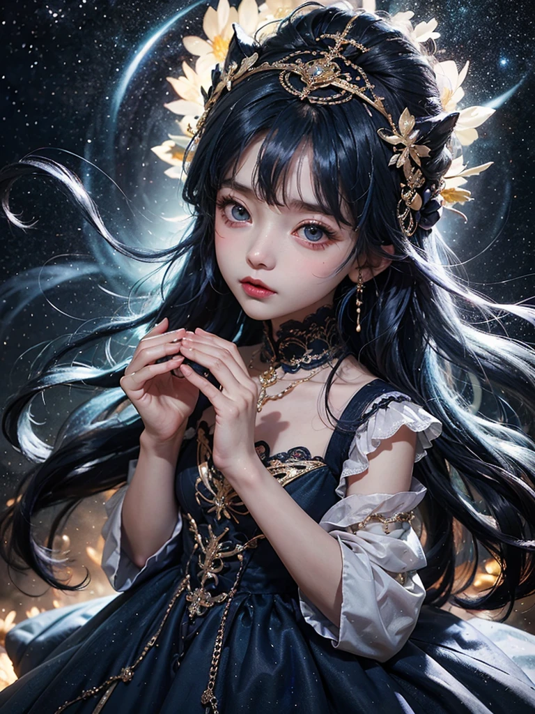 Ultra HD、A beautiful blue-haired character、Upper Body、幼児のようなBig eyes、Big eyes、Round eyes、prayer、Red burning cheeks、Night scene with starry sky background、Wearing a gorgeous dress、Subtle details、A fantastic atmosphere、Anime style