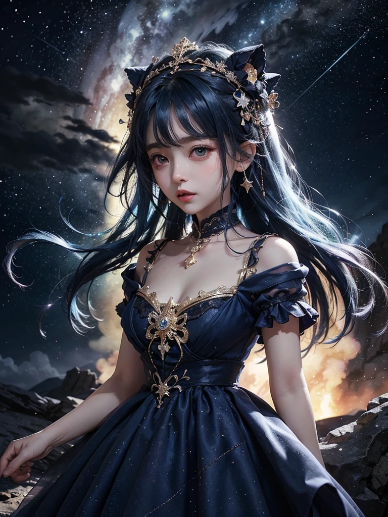 Ultra HD、A beautiful blue-haired character、Upper Body、幼児のようなBig eyes、Big eyes、Round eyes、prayer、Red burning cheeks、Night scene with starry sky background、Wearing a gorgeous dress、Subtle details、A fantastic atmosphere、Anime style