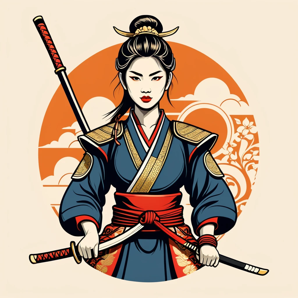 female samurai in thai folk outfit ,vector graphics, strong contours, logo design