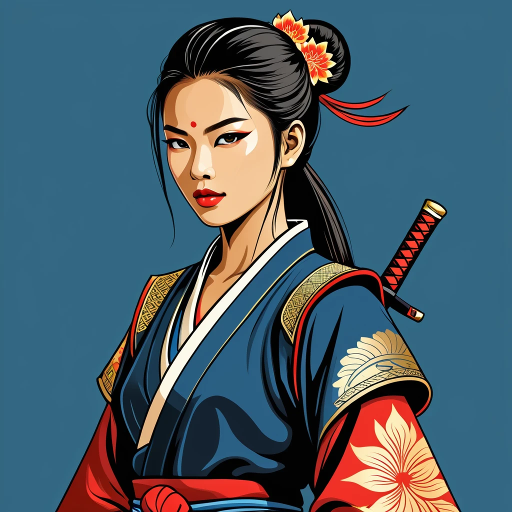 female samurai in thai folk outfit ,vector graphics, strong contours, logo design