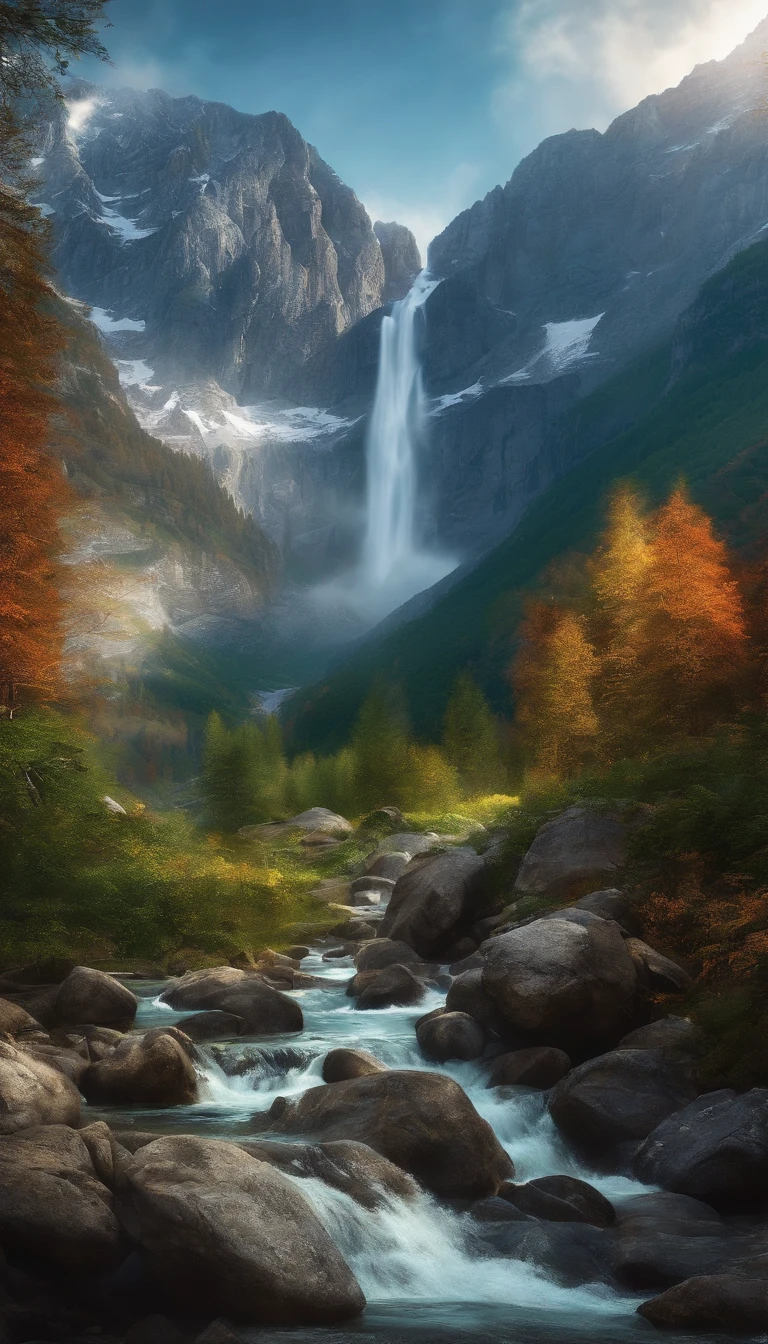 super huge mountain alps great view great nature fantasy huge waterfall high resolution best quality masterpiece