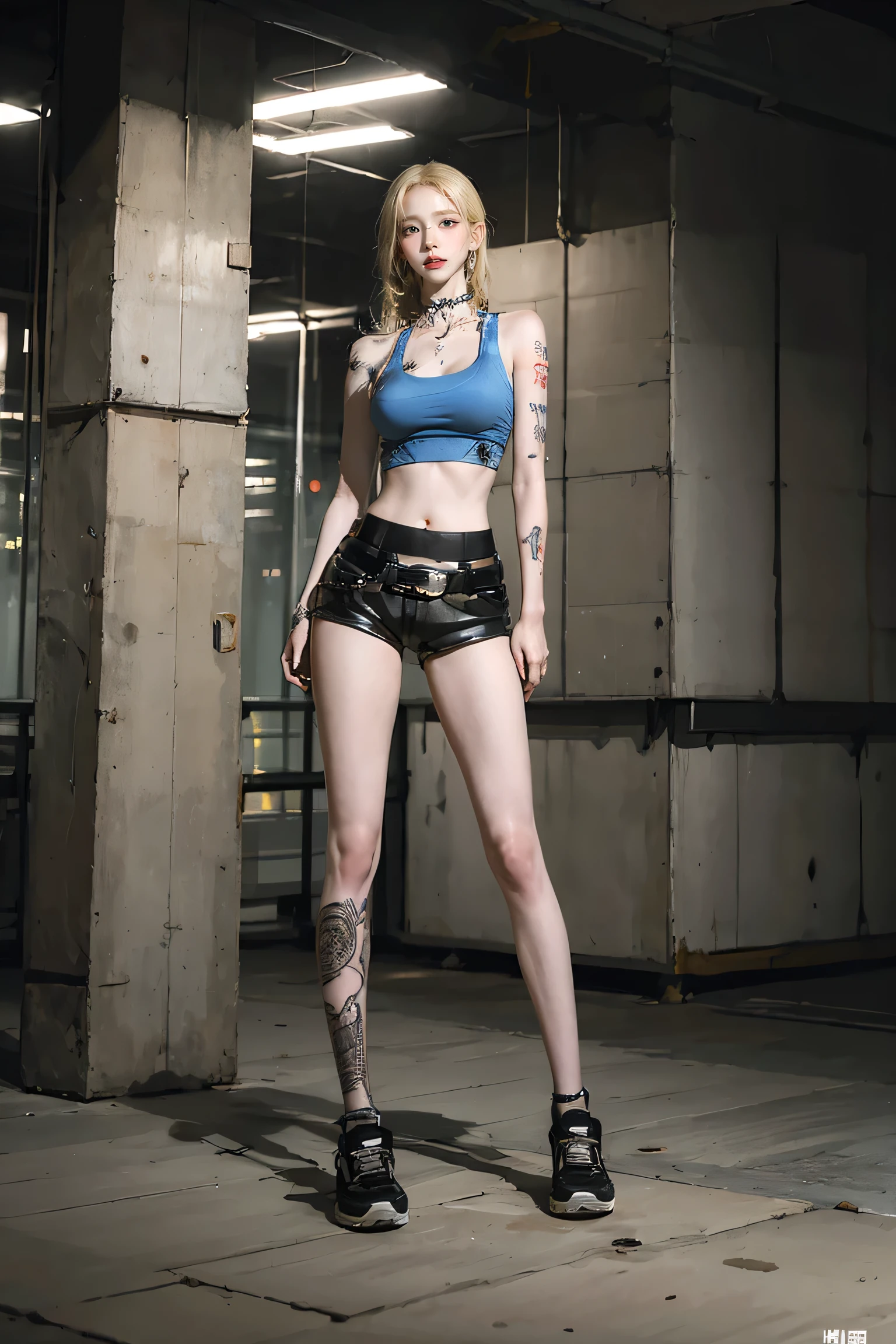 (Browsing Caution:0.7), Perfect Style, Beautiful Face, Highly detailed face and skin texture, (Maximum resolution: 1.2), 1 female,Hip Up, jewelry, (((He has many tattoos all over his body)), Streetwear, (((Tight shorts))), blonde, ,sneakers, (((Tight waist))), ((Big Breasts)),(See-through)