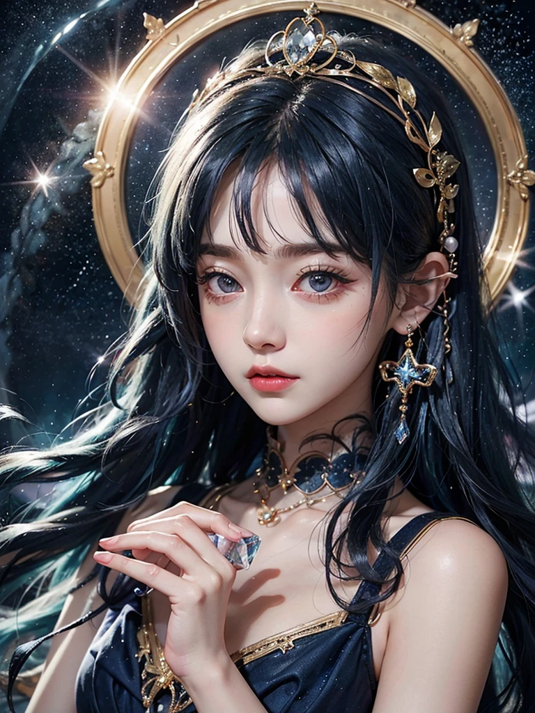 Ultra HD、A beautiful blue-haired character、Upper Body、幼児のようなBig eyes、Big eyes、Round eyes、Fortune teller with crystal、Holding the crystal in both hands、Red burning cheeks、Night scene with starry sky background、Wearing a gorgeous dress、Subtle details、A fantastic atmosphere、Anime style