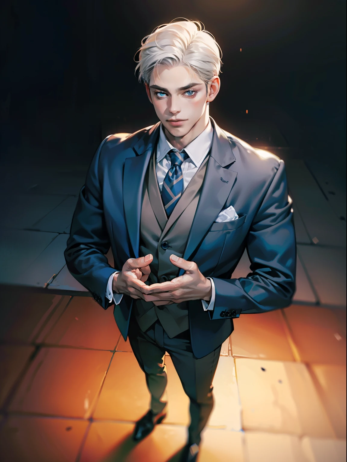 masterpiece, best quality, realistic, 1man, mature male, quiet and charming young man, 41 year old, serious look, closed mouth, portrait, extremely detailed face, cold smile, ((dark grey blue eyes)), ((short-right-swept dark white hair)), [thick eyebrows], ((suit)), handsome, full body, western, Jewish, light brown skin,