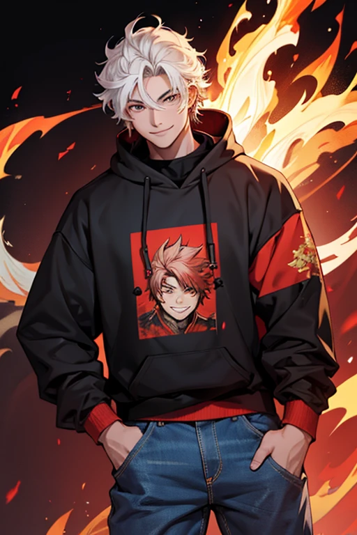 Young man with short white curly hair,Cao Cao,Eyes red,black sweatshirt with flame print and jeans,with a sweet smile