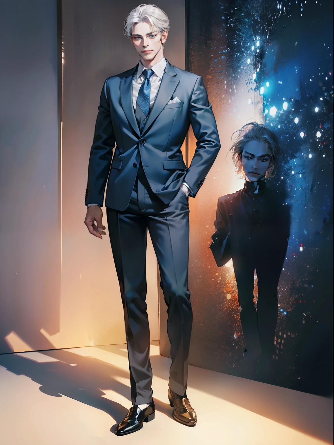 masterpiece, best quality, realistic, 1man, mature male, quiet and charming young man, 41 year old, serious look, closed mouth, portrait, extremely detailed face, cold smile, ((dark grey blue eyes)), ((short-right-swept dark white hair)), [thick eyebrows], ((suit)), handsome, full body, western, Jewish, light brown skin,