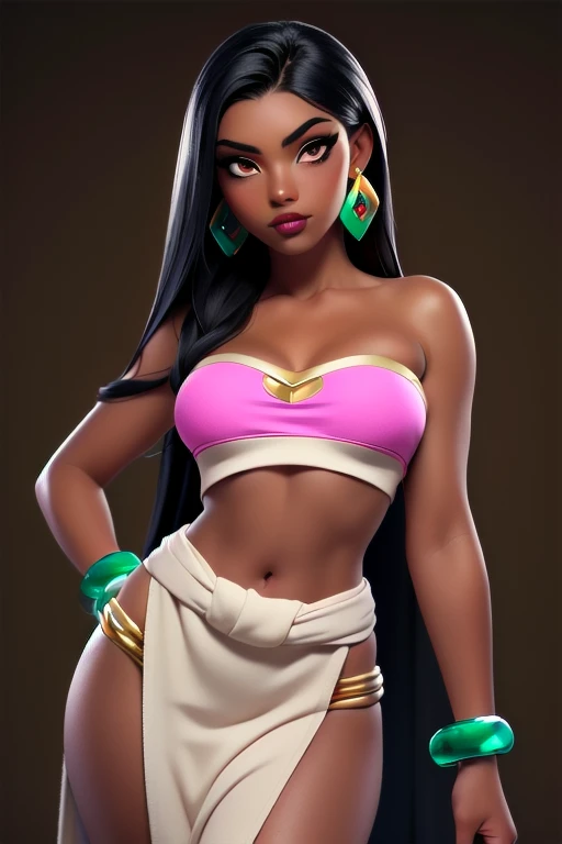 ((ultra quality)), ((masterpiece)), Chel, ((black-haired long hair)), (Beautiful face), (beautiful female lips), (), charming, ((sexy facial expression)), looks at the camera, (dark skin color), (dark skin), glare on the body, ((Detailed eyes)), ((Hazel eyes)), (juicy female lips), (brown lips), (dark eyeliner), (beautiful female hands), ((ideal female figure)), ideal female body, beautiful waist, beautiful hips, medium breasts, ((subtle and beautiful)), stands seductively, (Wearing: tube top, loincloth, emerald bracelet's and golden earrings:1.2), background: stone temple, ((depth of field)), ((high quality clear image)), (clear details), ((high detail)), realistically, professional photo session, ((Clear Focus))
