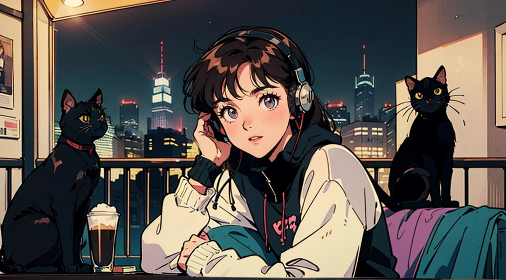 1girl, extremely detailed eyes and face, headphones, long dark hair, bright brown eyes, 80s style, 2010s hairstyle, full body, night cityscape, city-light, relaxed coffee, table, snacks, looking at viewer, one black cat