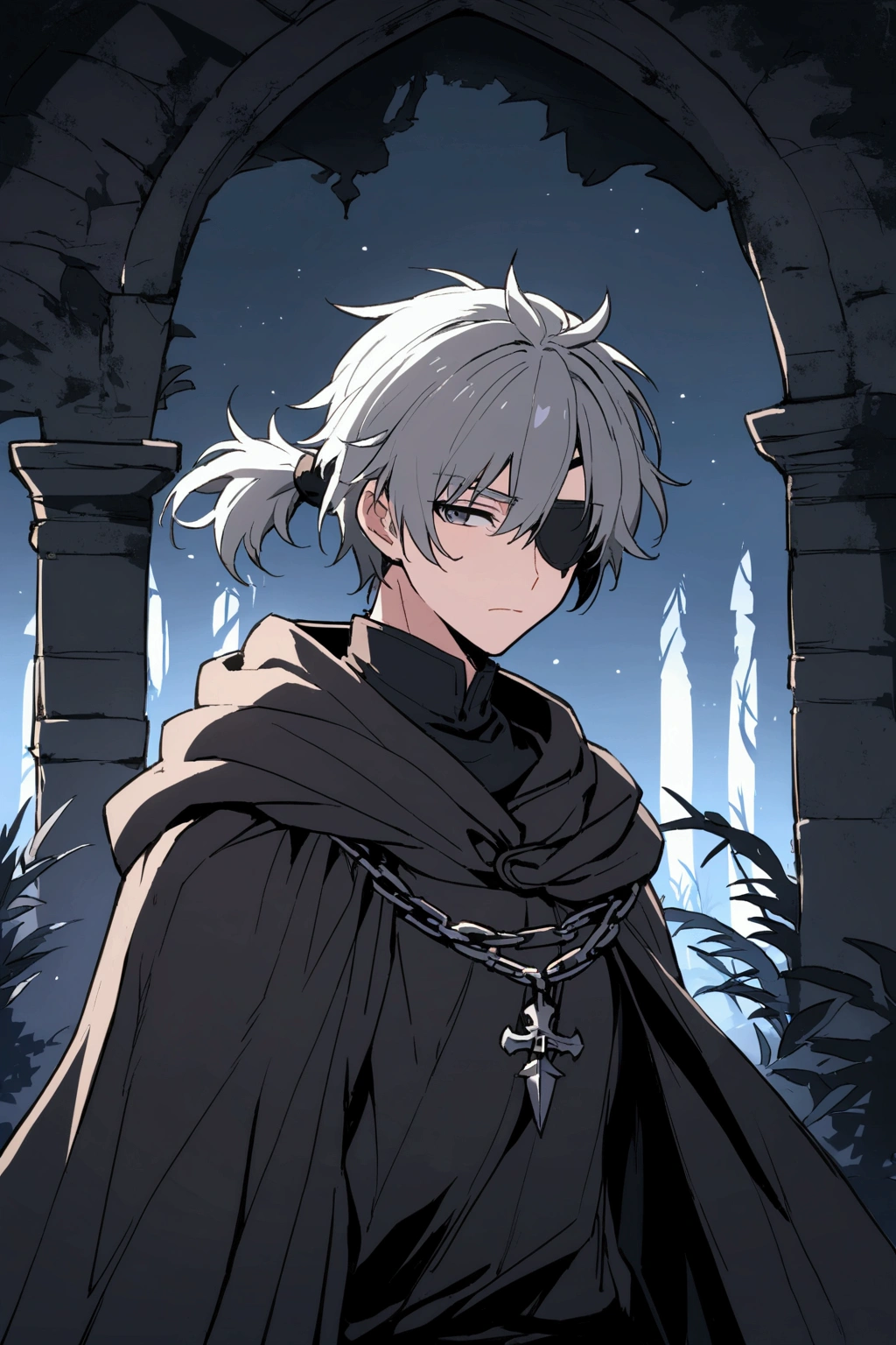 little Greek boy with white hair, violet eyes, all chained up inside a ship at night