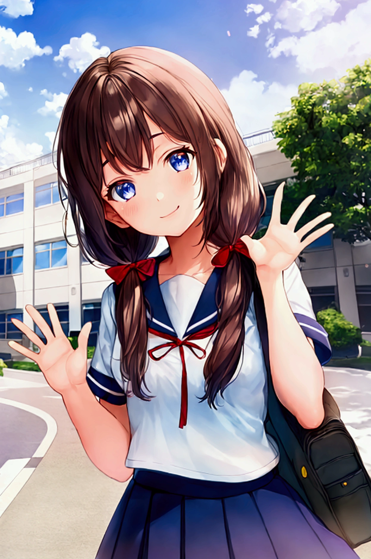 1girl, standing, (waving at the camera with left hand), (hand on chest with right hand), (head tilt), smile, ****, gentle smile, head tilt, school building on the back, 3-story white school building, outdoor, tree on side, (low twintails), red ribbon in hair, very long black hair, white serafuku with blue ribbon, navy-blue collar, navy-blue skirt, (dark brown eye), school bag on right shoulder, afternoon, summer, school, (from front:1.4), upper body, anime, high brightness, detailed face, detailed eyes, (high quality, ultra detailed, masterpiece, super detail, highres, anatomically correct, UDH), good hands, good fingers, Japanese anime style, extremely cute