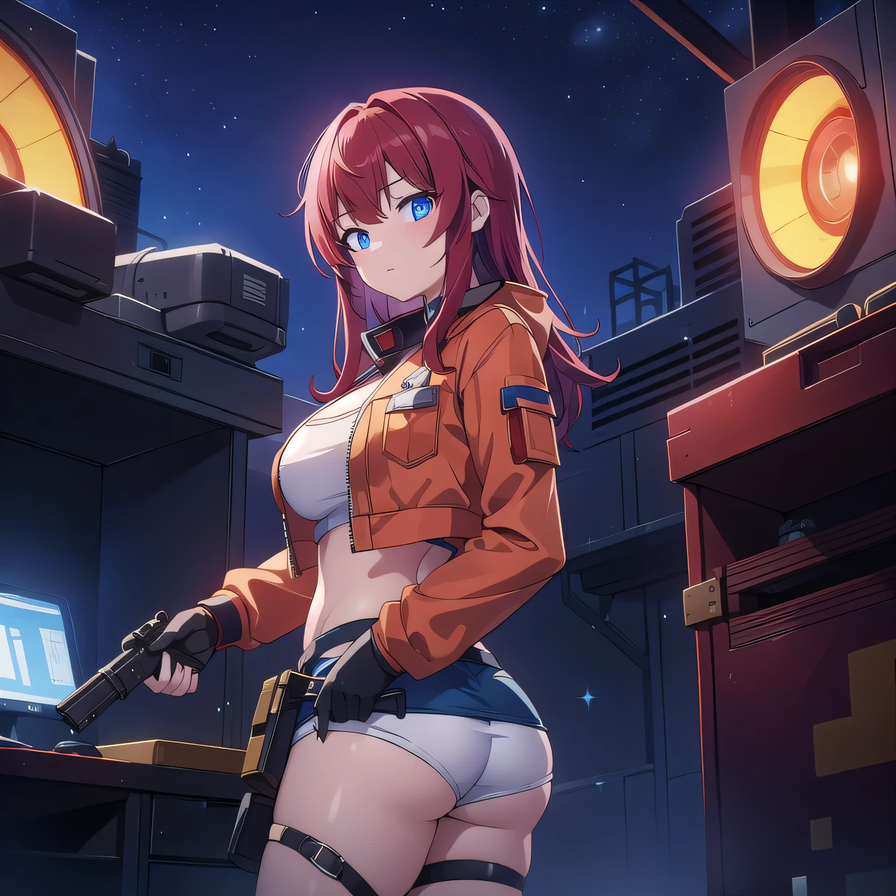 1 women, red hair, blue eyes, wounded, yellow clothes engineer, large breasts, large ass, holding pistol, clothing half ripped, spaceship background, hold flashlight, nighttime, dark room