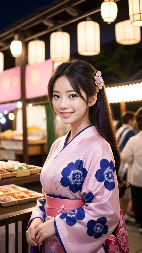 Having hair upstyled、Very Beautiful Japan Woman。She is wearing a long-sleeved pink yukata.、She has striking bluish-black eyes and a bright smile.、Has an elegant posture。The background is a summer festival venue at night with many food stalls set up.。The image style is realistic.、It adds a touch of glamour.。