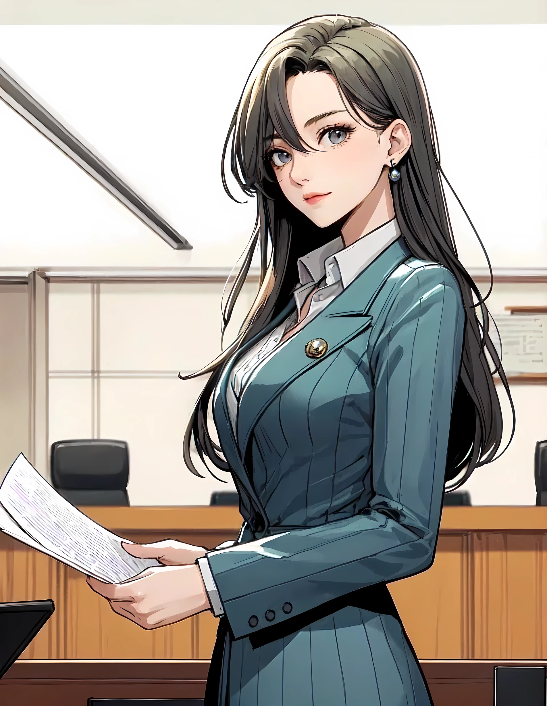 1lady standing, (presenting speech), lawyer, (gray suit jacket) (with small round badge on left chest), pants, (mature female:0.8), /(light black hair/) bangs, (light smile:0.8), (masterpiece best quality:1.2) delicate illustration ultra-detailed, large breasts, (holding documents in one hand) BREAK (modern courtroom) in session, indoors, detailed background