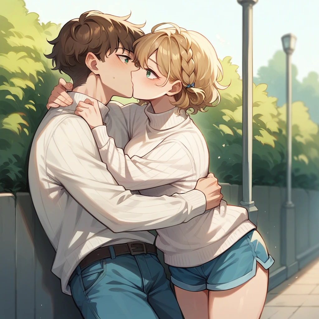 He has blonde short curly hair, blue-grey eyes, white sweater, shorts blue, she has brown hair braid, green eyes, white sweater, shorts blue, they hug in the park and kiss