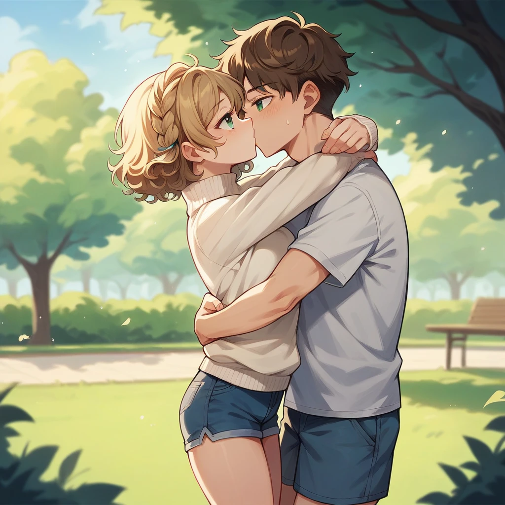 He has blonde short curly hair, blue-grey eyes, white sweater, shorts blue, she has brown hair braid, green eyes, white sweater, shorts blue, they hug in the park and kiss