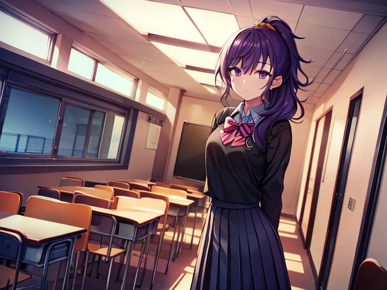 （Standing，Put your hands behind your back）masterpiece，high quality，1 girl，(purple eyes,purple hair)，Medium chest，High Ponytail，Fine hair，Detailed face，student，（school uniform）,Dark blue bow tie，Long skirt，Black clothes，Bare Legs，Black leather shoes，in the classroom，Good behavior，beauty，Anime style,(Dim light)，dusk