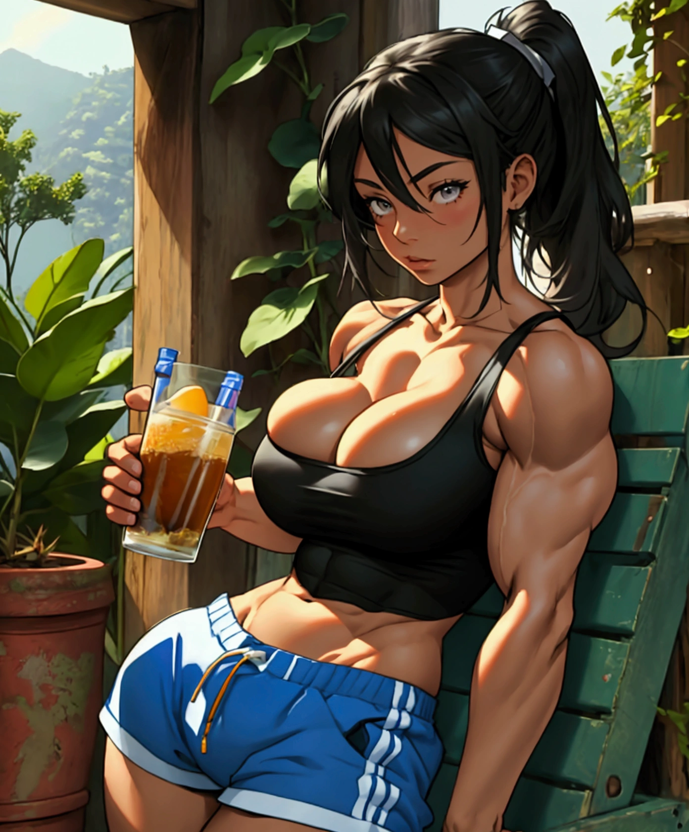 (((muscular))) (((((long hair)))) ((((long legs)))) (((huge breasts))) (((masterpiece))) (((extremely detailed face))) (((1 girl))) (((sunny garden))) (((ponytail haircut))) (((spanish girl))) ((full body)) ((tank top bike shorts)) ((corsica)) dark skin black hair