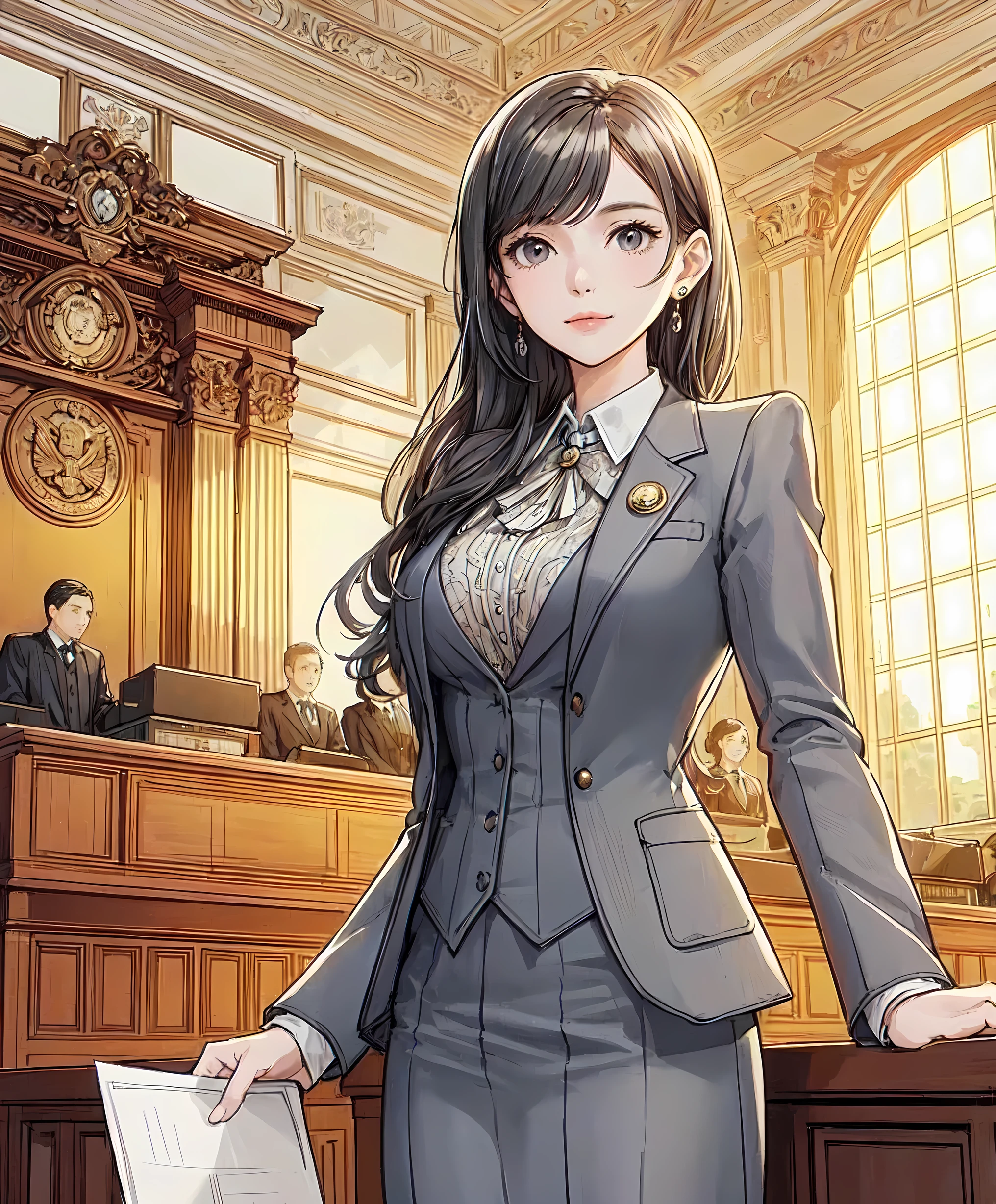 1lady standing, (presenting speech), lawyer, (gray suit jacket) (with small round badge on left chest), pants, (mature female:0.8), /(light black hair/) bangs, (light smile:0.8), (masterpiece best quality:1.2) delicate illustration ultra-detailed, large breasts, (holding documents in one hand) BREAK (modern courtroom) in session, indoors, detailed background