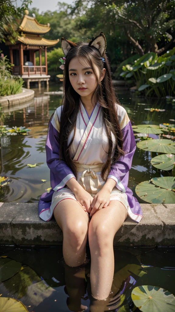 absurdres, highres, ultra detailed, (1girl:1.3), hand drawn, simple line, girl in colorful Chinese Hanfu, sexy girl with fox ears, at the lotus pond, masterpiece, sitting in water, floating clothes, floating hair