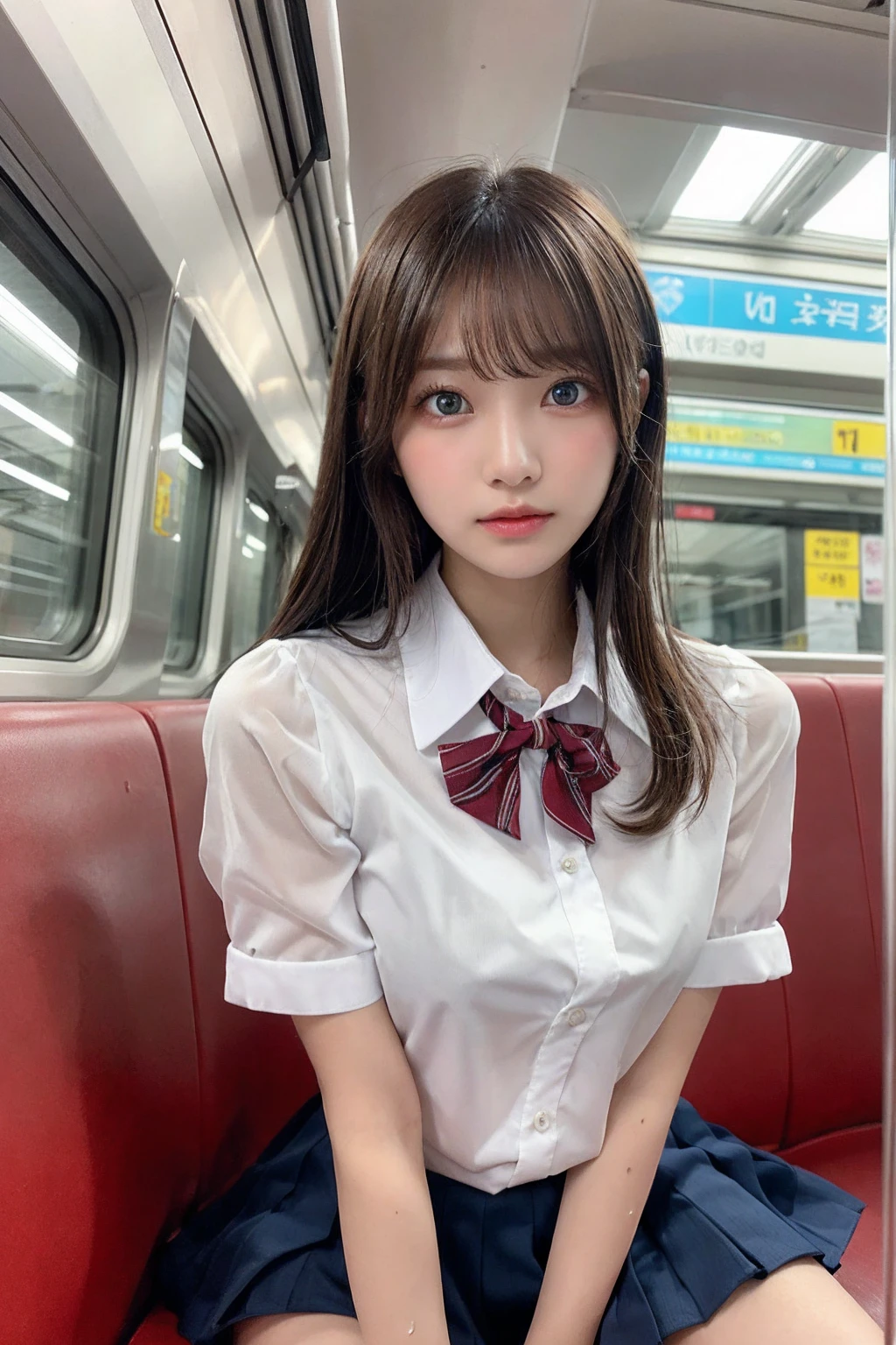 Tabletop, Highest quality, One Girl,Show off her white panties1.6Squat (beautiful girl, Cosplayers:1.3), (16 years old:1.2), Definition of Very Fine Particles, (Symmetrical eyes:1.3), (Beautiful views, Sit in a long seat on the train), (Low angle shot, From below, Front view:1.3), (school uniform, Wet, Sheer white shirt, mini skirt:1.3), Beautiful breasts, blue eyes, Parted bangs, Brown Hair