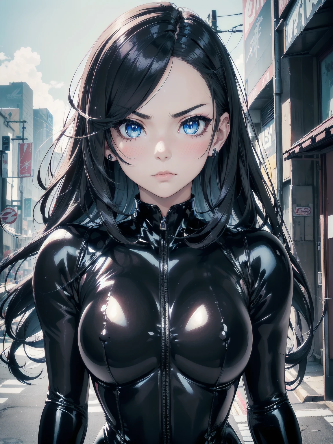 A pretty woman, 1 woman, Japanese, Alone, ((black metal plug suit:1.3)), ((many decorations plug suit), ((latex bodysuit)), ((masterpiece)), ((Best Quality)), (ultra detailed), ((kawaii)), Beautiful, (beautiful), ((extremely detailed)), 4k, (8k), Best Quality, (beautiful), illustration, Worthy, (blow to the body), (Midnight, city, battlefield), (long black hair), Hair blowing in the wind, beautiful blue eyes, ((beautiful eyes)), lip, serious expression, blush, bright,