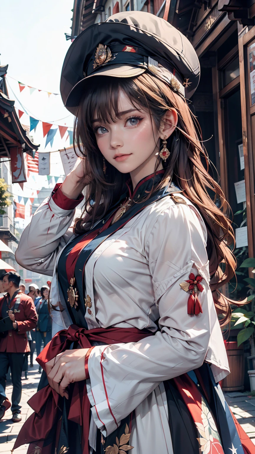 Women of the royal family wearing traditional national dress、Participating in a cultural festival。In the background you can see historic buildings and colorful flags.