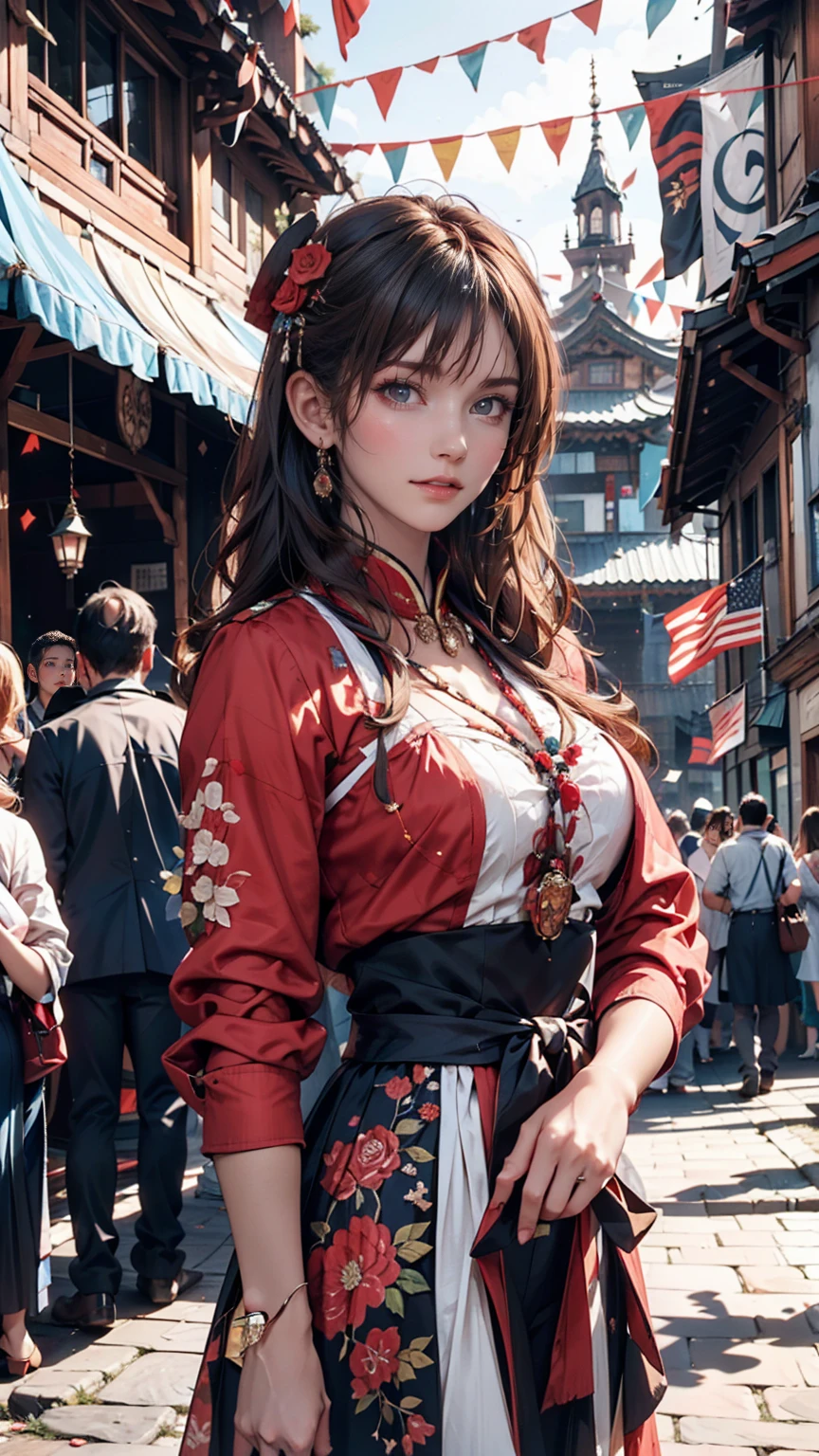 Women of the royal family wearing traditional national dress、Participating in a cultural festival。In the background you can see historic buildings and colorful flags.