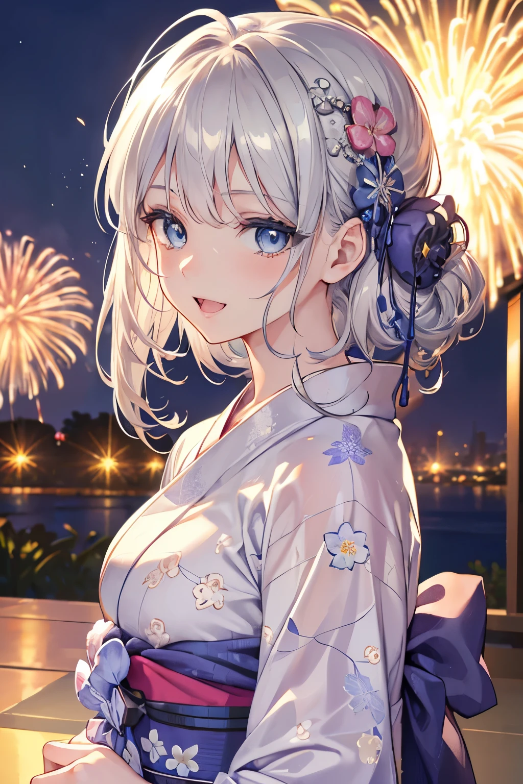 (Best quality,4K,8K,High resolution,Masterpiece:1.2),Super detailed,(Actual, Realistic),
break,
((Beautiful clear blue eyes:1.2)),very kind eyes,eyes wide open,beautiful eyelashes,beautiful lower eyelashes,
break,
((Beautiful and shiny silver hair:1.3)),A dazzling smile, a bursting smile, an open mouth laugh,
break,
(floral pattern yukata:1.3),
break,
very happily,((bust shot)),zoom in,
break,
fireworks
