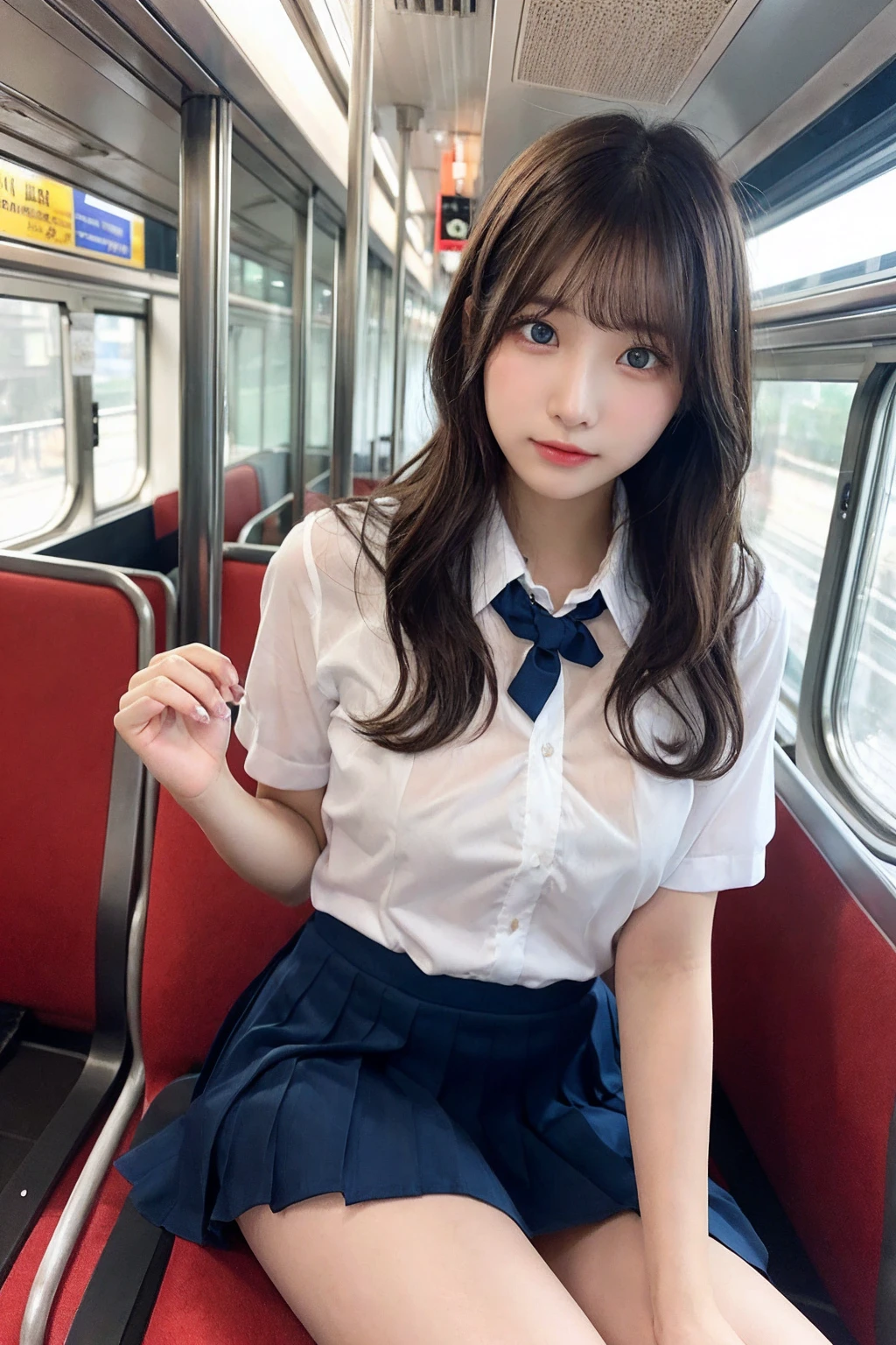 Tabletop, Highest quality, One Girl,Show off her white panties1.6Squat (beautiful girl, Cosplayers:1.3), (16 years old:1.2), Definition of Very Fine Particles, (Symmetrical eyes:1.3), (Beautiful views, Sit in a long seat on the train), (Low angle shot, From below, Front view:1.3), (school uniform, Wet, Sheer white shirt, mini skirt:1.3), Beautiful breasts, blue eyes, Parted bangs, Brown Hair