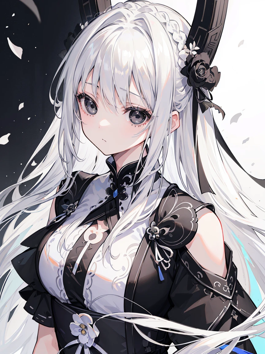 (Top image quality)、(Very detailed)、(Facing forward)、Top quality、masterpiece、(((1 girl )))、Silver Hair、White hair、((Long hair))、Weaving、(black eyes:1.6)、(White and black cheongsam)、Lots of decorations、Lots of ribbons、White Ribbon、Haggard、Fluffy loose hair