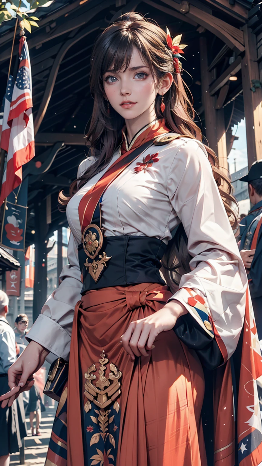 Women of the royal family wearing traditional national dress、Participating in a cultural festival。In the background you can see historic buildings and colorful flags.