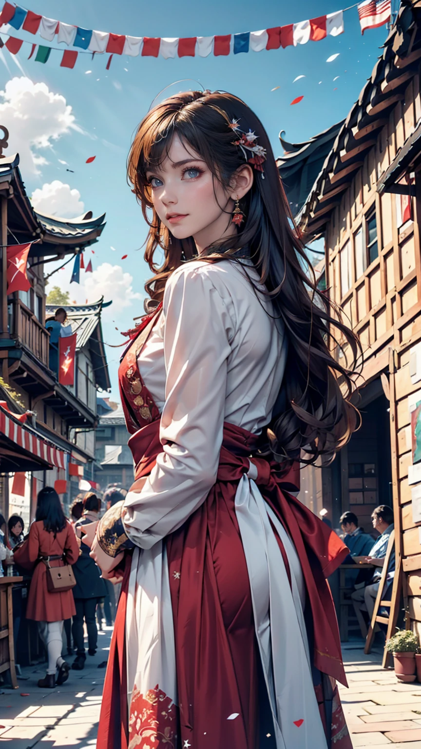 Women of the royal family wearing traditional national dress、Participating in a cultural festival。In the background you can see historic buildings and colorful flags.